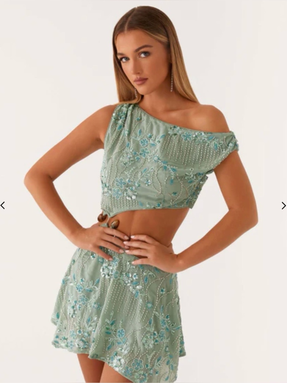 Peppermayo Mint Green Beaded One-Shoulder Crop Top & Skirt Set